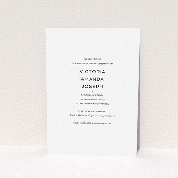 A christening invitation named "Up the side". It is an A5 invite in a portrait orientation. It is a photographic christening invitation with room for 1 photo. "Up the side" is available as a flat invite, with mainly black colouring.