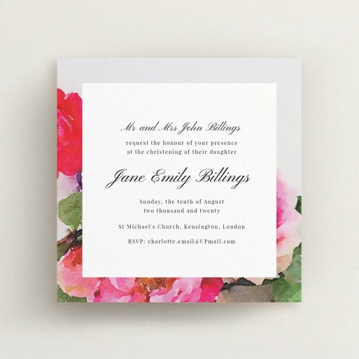 Christening Invitation Design - "Watercolour Bloom" A christening invitation template titled "Watercolour Bloom". It is a square (148mm x 148mm) invite in a square orientation. "Watercolour Bloom" is available as a flat invite, with tones of pink, red and green.