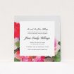 A christening invitation template titled "Watercolour Bloom". It is a square (148mm x 148mm) invite in a square orientation. "Watercolour Bloom" is available as a flat invite, with tones of pink, red and green.