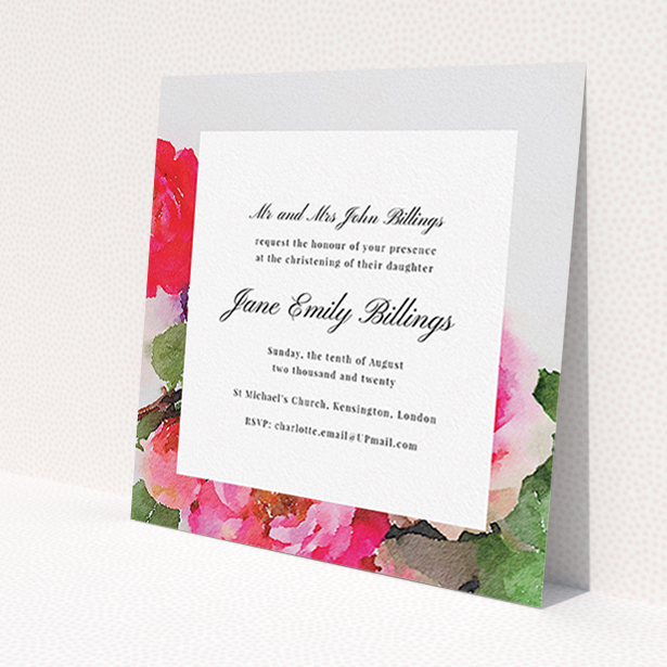A christening invitation template titled 'Watercolour Bloom'. It is a square (148mm x 148mm) invite in a square orientation. 'Watercolour Bloom' is available as a flat invite, with tones of pink, red and green.