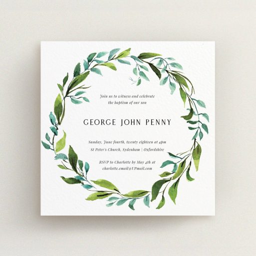 Christening Invitation Design - "Watercolour Wreath" A christening invitation design called "Watercolour Wreath". It is a square (148mm x 148mm) invite in a square orientation. "Watercolour Wreath" is available as a flat invite, with tones of blue and green.