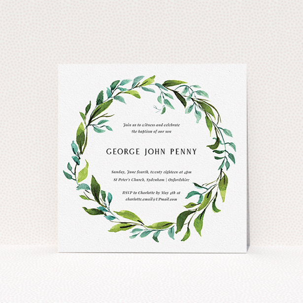 A christening invitation design called "Watercolour Wreath". It is a square (148mm x 148mm) invite in a square orientation. "Watercolour Wreath" is available as a flat invite, with tones of blue and green.