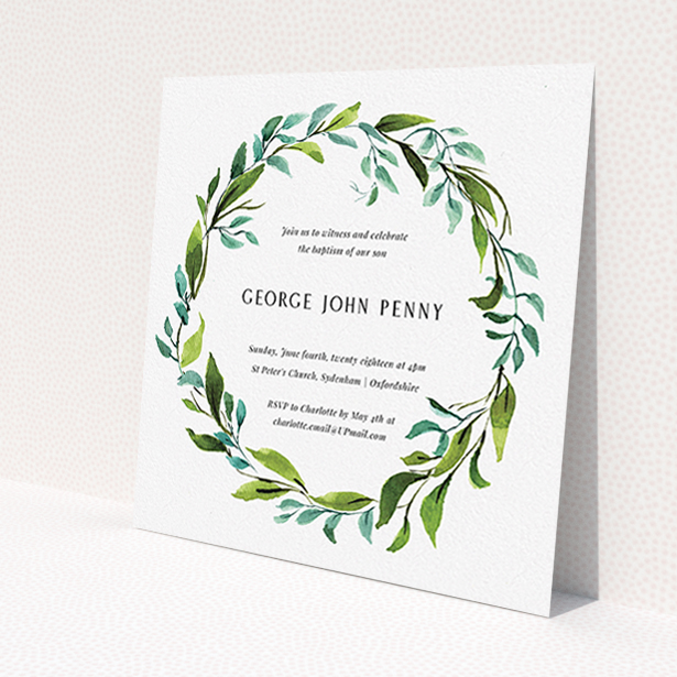 A christening invitation design called 'Watercolour Wreath'. It is a square (148mm x 148mm) invite in a square orientation. 'Watercolour Wreath' is available as a flat invite, with tones of blue and green.