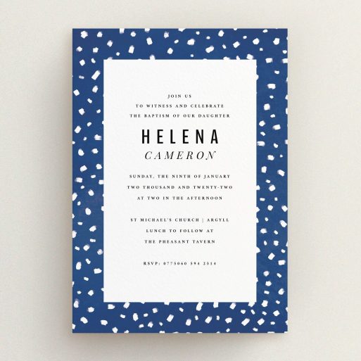 Christening Invitation Design - "White Polka dots" A christening invitation called "White Polka dots". It is an A5 invite in a portrait orientation. "White Polka dots" is available as a flat invite, with tones of blue and white.