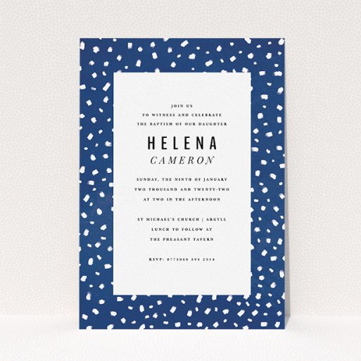 A christening invitation called "White Polka dots". It is an A5 invite in a portrait orientation. "White Polka dots" is available as a flat invite, with tones of blue and white.