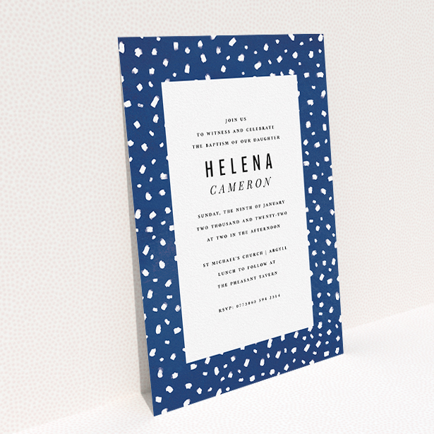 A christening invitation called "White Polka dots". It is an A5 invite in a portrait orientation. "White Polka dots" is available as a flat invite, with tones of blue and white.
