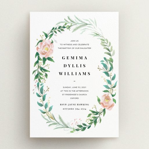 Christening Invitation Design - "Winter Rose Wreath" A christening invitation design titled "Winter Rose Wreath". It is an A5 invite in a portrait orientation. "Winter Rose Wreath" is available as a flat invite, with tones of white, light green and pink.