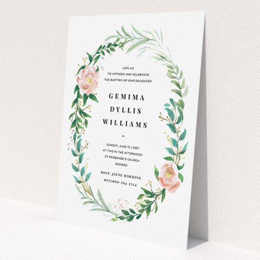 A christening invitation design titled 'Winter Rose Wreath'. It is an A5 invite in a portrait orientation. 'Winter Rose Wreath' is available as a flat invite, with tones of white, light green and pink.