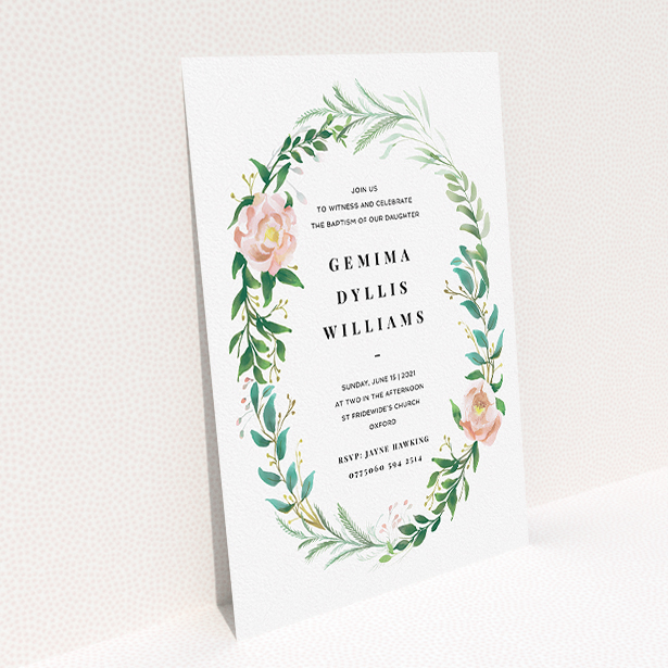 A christening invitation design titled "Winter Rose Wreath". It is an A5 invite in a portrait orientation. "Winter Rose Wreath" is available as a flat invite, with tones of white, light green and pink.