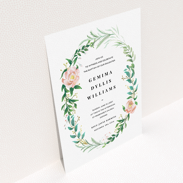 A christening invitation design titled "Winter Rose Wreath". It is an A5 invite in a portrait orientation. "Winter Rose Wreath" is available as a flat invite, with tones of white, light green and pink.