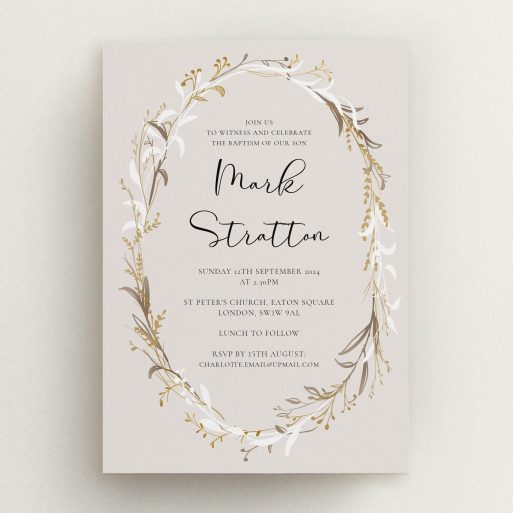 Christening Invitation Design - "Winter Wreath" A christening invitation named "Winter Wreath". It is an A5 invite in a portrait orientation. "Winter Wreath" is available as a flat invite, with tones of dark cream and gold.