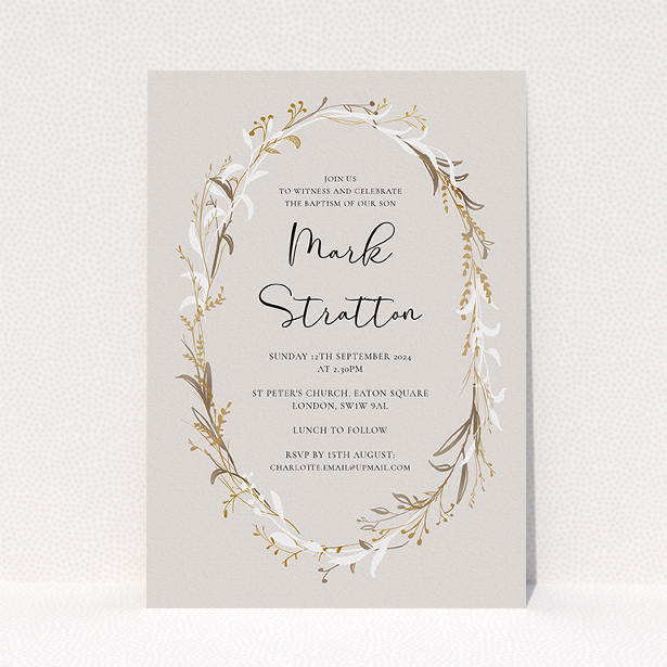 A christening invitation named "Winter Wreath". It is an A5 invite in a portrait orientation. "Winter Wreath" is available as a flat invite, with tones of dark cream and gold.