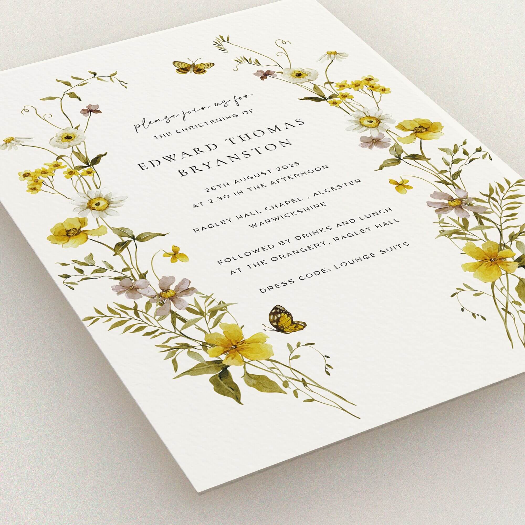 Elegant christening invitation with floral design and one illustration of a butterfly.