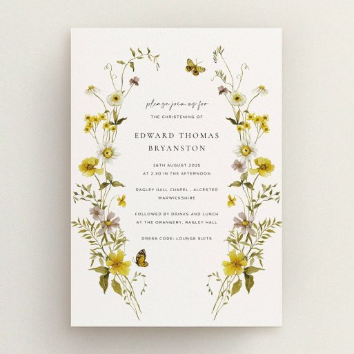 Floral Christening Invitation Elegant christening invitation with floral design and one illustration of a butterfly.