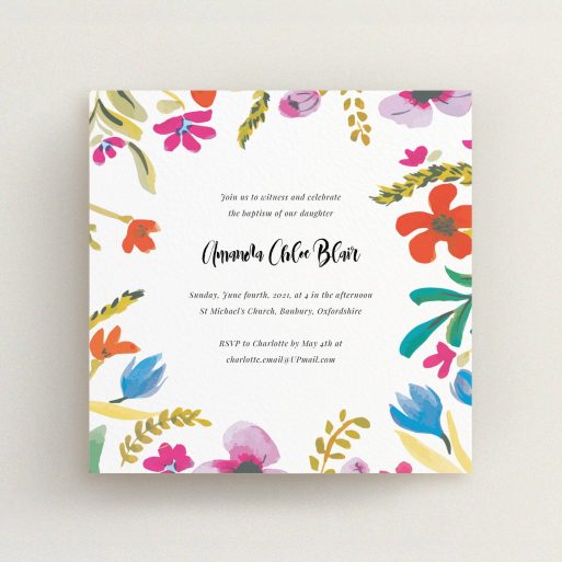 Christening Invite Design - "Abstract Summer" A christening invite named "Abstract Summer". It is a square (148mm x 148mm) invite in a square orientation. "Abstract Summer" is available as a flat invite, with tones of white and red.