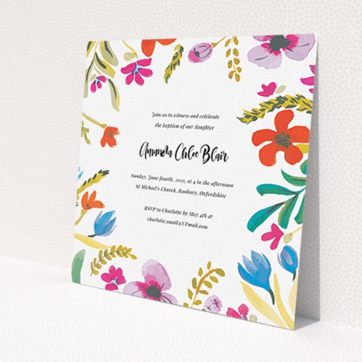 A christening invite named 'Abstract Summer'. It is a square (148mm x 148mm) invite in a square orientation. 'Abstract Summer' is available as a flat invite, with tones of white and red.