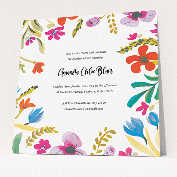 A christening invite named "Abstract Summer". It is a square (148mm x 148mm) invite in a square orientation. "Abstract Summer" is available as a flat invite, with tones of white and red.