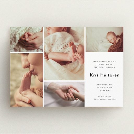 Christening Invite Design - "All the snaps" A christening invite named "All the snaps". It is an A5 invite in a landscape orientation. It is a photographic christening invite with room for 3 photos. "All the snaps" is available as a flat invite, with tones of black and white.