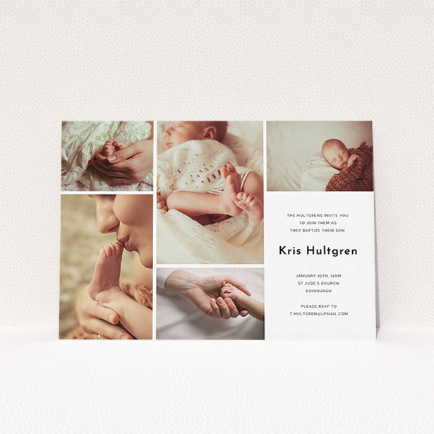 A christening invite named "All the snaps". It is an A5 invite in a landscape orientation. It is a photographic christening invite with room for 3 photos. "All the snaps" is available as a flat invite, with tones of black and white.