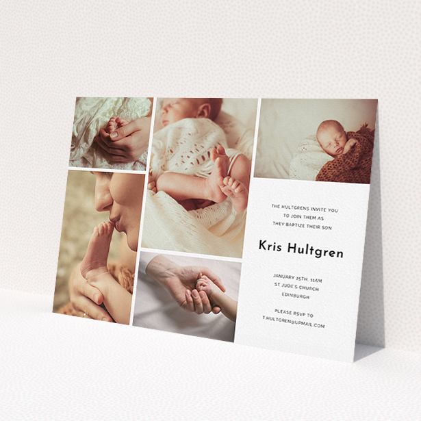 A christening invite named 'All the snaps'. It is an A5 invite in a landscape orientation. It is a photographic christening invite with room for 3 photos. 'All the snaps' is available as a flat invite, with tones of black and white.