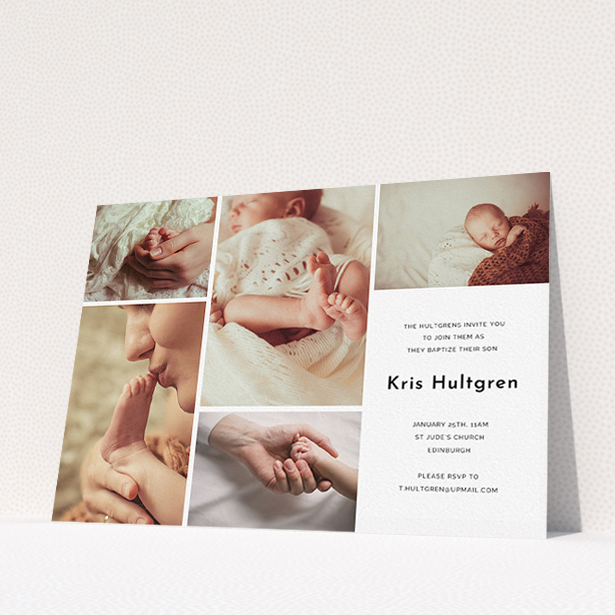 A christening invite named "All the snaps". It is an A5 invite in a landscape orientation. It is a photographic christening invite with room for 3 photos. "All the snaps" is available as a flat invite, with tones of black and white.