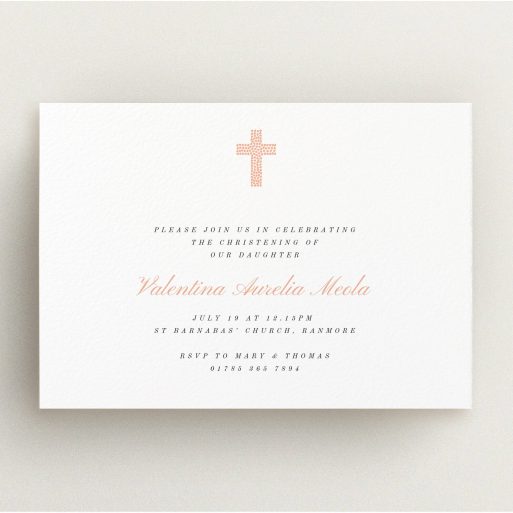 Christening Invite Design - "Baby Pink Cross" A christening invite template titled "Baby Pink Cross". It is an A5 invite in a landscape orientation. "Baby Pink Cross" is available as a flat invite, with tones of white and pink.