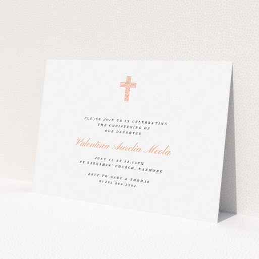 A christening invite template titled 'Baby Pink Cross'. It is an A5 invite in a landscape orientation. 'Baby Pink Cross' is available as a flat invite, with tones of white and pink.