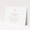 A christening invite template titled "Baby Pink Cross". It is an A5 invite in a landscape orientation. "Baby Pink Cross" is available as a flat invite, with tones of white and pink.