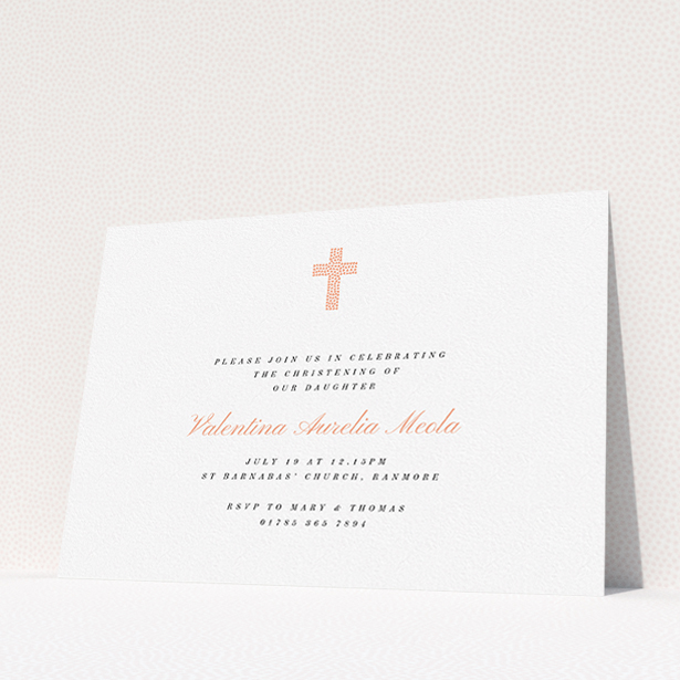 A christening invite template titled "Baby Pink Cross". It is an A5 invite in a landscape orientation. "Baby Pink Cross" is available as a flat invite, with tones of white and pink.