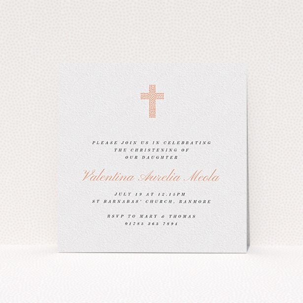 A christening invite design named "Baby Pink Cross". It is a square (148mm x 148mm) invite in a square orientation. "Baby Pink Cross" is available as a flat invite, with tones of white and pink.