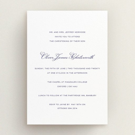 Christening Invite Design - "Berkeley Square" A christening invite named "Berkeley Square". It is an A5 invite in a portrait orientation. "Berkeley Square" is available as a flat invite, with tones of white and blue.