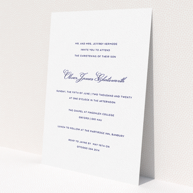A christening invite named 'Berkeley Square'. It is an A5 invite in a portrait orientation. 'Berkeley Square' is available as a flat invite, with tones of white and blue.
