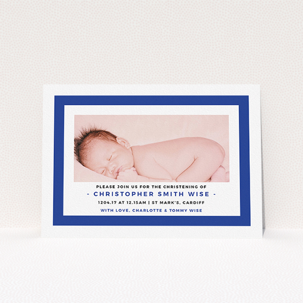 A christening invite design named "Big Blue". It is an A5 invite in a landscape orientation. It is a photographic christening invite with room for 1 photo. "Big Blue" is available as a flat invite, with tones of blue and white.