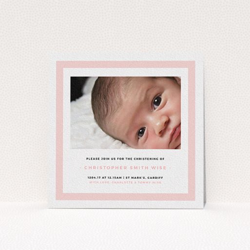 A christening invite design named "Big Pink". It is a square (148mm x 148mm) invite in a square orientation. It is a photographic christening invite with room for 1 photo. "Big Pink" is available as a flat invite, with tones of pink and white.