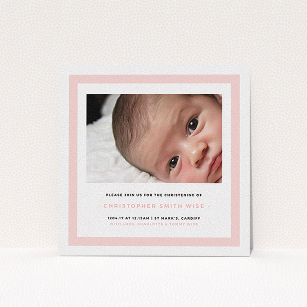A christening invite design named "Big Pink". It is a square (148mm x 148mm) invite in a square orientation. It is a photographic christening invite with room for 1 photo. "Big Pink" is available as a flat invite, with tones of pink and white.