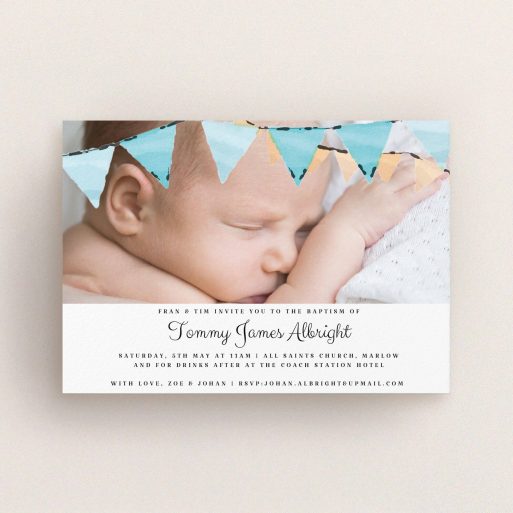 Christening Invite Design - "Blue Bunting" A christening invite design named "Blue Bunting". It is an A6 invite in a landscape orientation. It is a photographic christening invite with room for 1 photo. "Blue Bunting" is available as a flat invite, with tones of blue and white.