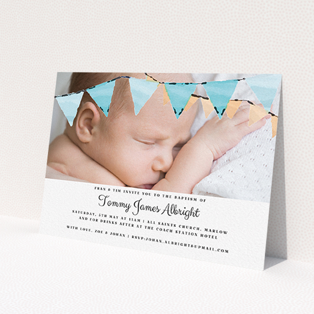 A christening invite design named "Blue Bunting". It is an A6 invite in a landscape orientation. It is a photographic christening invite with room for 1 photo. "Blue Bunting" is available as a flat invite, with tones of blue and white.