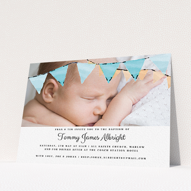A christening invite design named "Blue Bunting". It is an A6 invite in a landscape orientation. It is a photographic christening invite with room for 1 photo. "Blue Bunting" is available as a flat invite, with tones of blue and white.