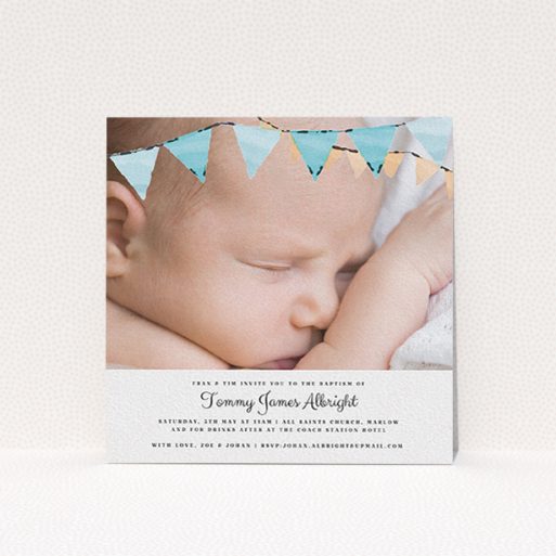 A christening invite called "Blue Bunting". It is a square (148mm x 148mm) invite in a square orientation. It is a photographic christening invite with room for 1 photo. "Blue Bunting" is available as a flat invite, with tones of blue and white.