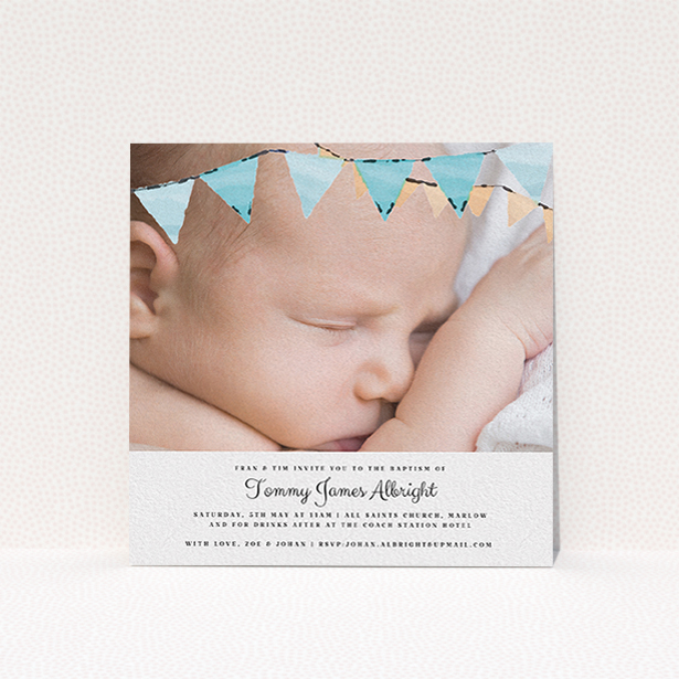 A christening invite called "Blue Bunting". It is a square (148mm x 148mm) invite in a square orientation. It is a photographic christening invite with room for 1 photo. "Blue Bunting" is available as a flat invite, with tones of blue and white.