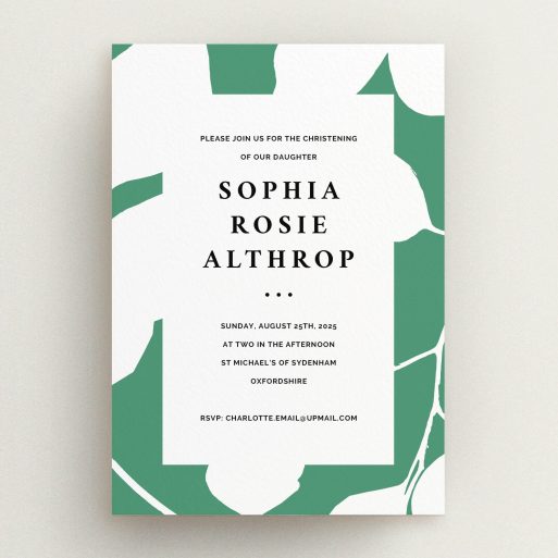 Christening Invite Design - "Bold Green" A christening invite template titled "Bold Green". It is an A5 invite in a portrait orientation. "Bold Green" is available as a flat invite, with tones of green and white.