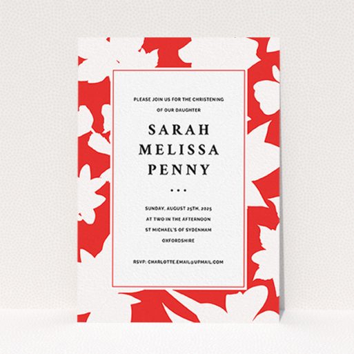 A christening invite design called "Bold Red". It is an A6 invite in a portrait orientation. "Bold Red" is available as a flat invite, with tones of red and white.