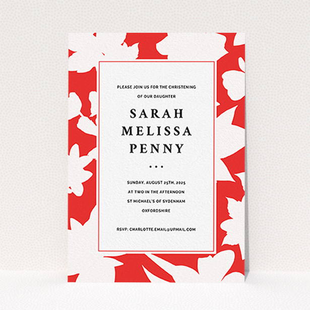 A christening invite design called "Bold Red". It is an A6 invite in a portrait orientation. "Bold Red" is available as a flat invite, with tones of red and white.