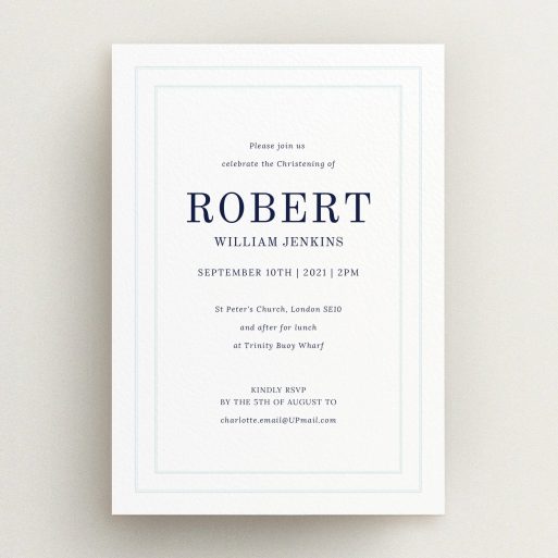 Christening Invite Design - "Border Impression" A christening invite called "Border Impression". It is an A5 invite in a portrait orientation. "Border Impression" is available as a flat invite, with tones of blue and white.