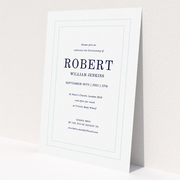 A christening invite called 'Border Impression'. It is an A5 invite in a portrait orientation. 'Border Impression' is available as a flat invite, with tones of blue and white.