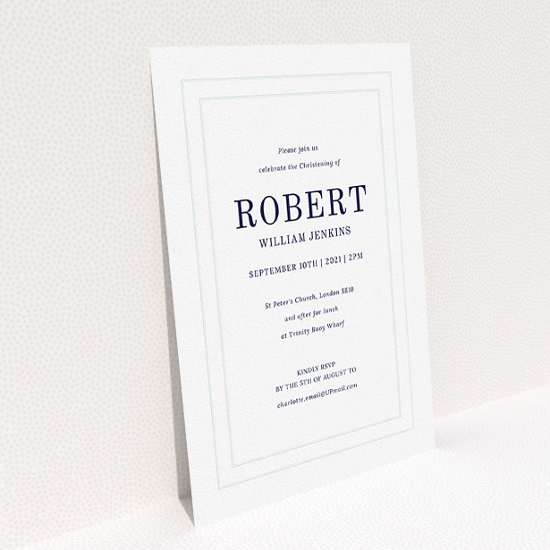 A christening invite called "Border Impression". It is an A5 invite in a portrait orientation. "Border Impression" is available as a flat invite, with tones of blue and white.