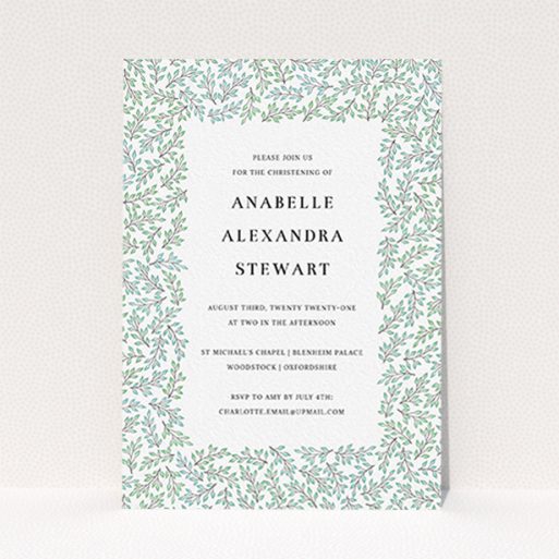 A christening invite named "Branching Out". It is an A6 invite in a portrait orientation. "Branching Out" is available as a flat invite, with tones of blue and green.