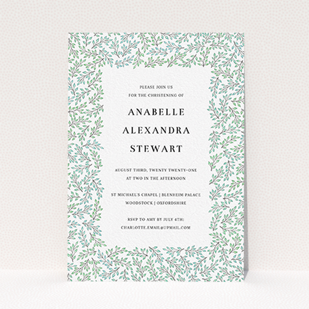 A christening invite named "Branching Out". It is an A6 invite in a portrait orientation. "Branching Out" is available as a flat invite, with tones of blue and green.