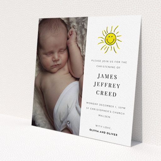 A christening invite called 'Bright Sun'. It is a square (148mm x 148mm) invite in a square orientation. It is a photographic christening invite with room for 1 photo. 'Bright Sun' is available as a flat invite, with tones of white and yellow.