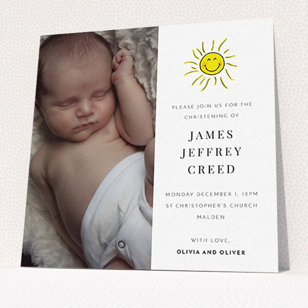 A christening invite called "Bright Sun". It is a square (148mm x 148mm) invite in a square orientation. It is a photographic christening invite with room for 1 photo. "Bright Sun" is available as a flat invite, with tones of white and yellow.